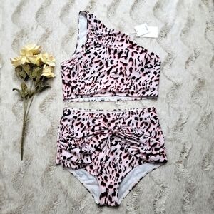 Grace Karin Pink Cheetah Leopard High Rise One Shoulder Bikini Swimsuit NWT Sz M